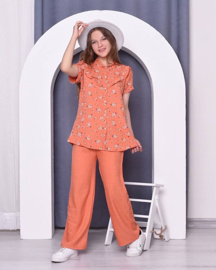 شومیز شلوار دخترانه نوجوان گل گچی رنگ آبی پرتغالی طوسی سایز 60 65 70